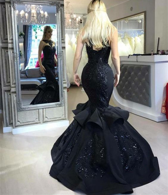 Chic Black Mermaid Prom Party GownsLong Sequins Ruffles Party Gowns-showprettydress