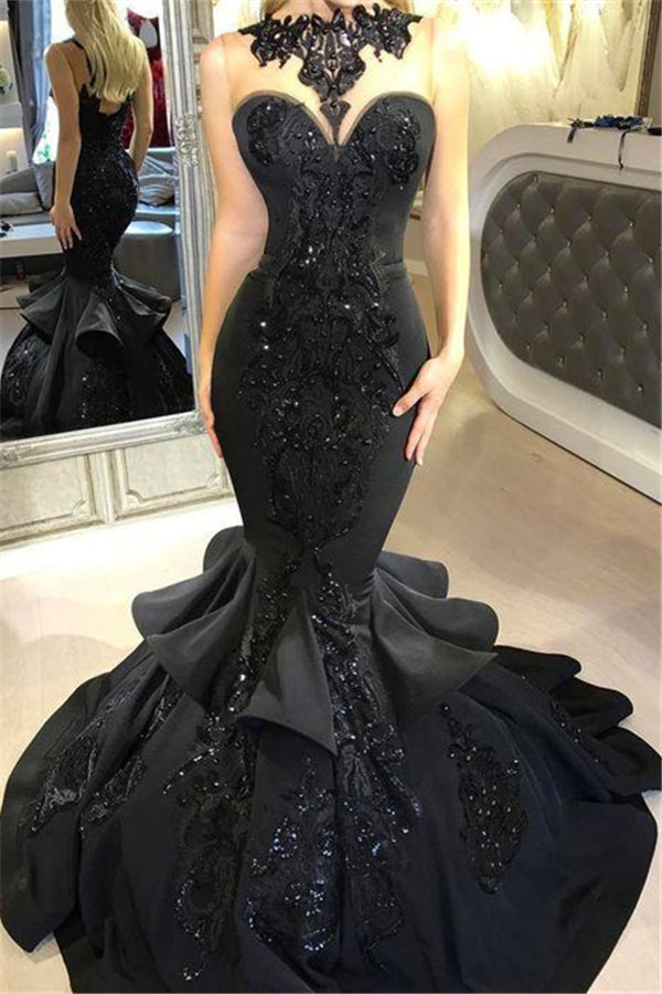 Chic Black Mermaid Prom Party GownsLong Sequins Ruffles Party Gowns-showprettydress