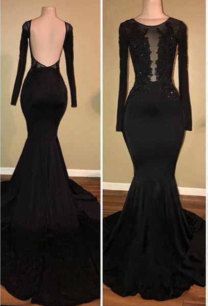 Chic Black Mermaid Prom Party GownsLong Sleeves With Lace Appliques-showprettydress