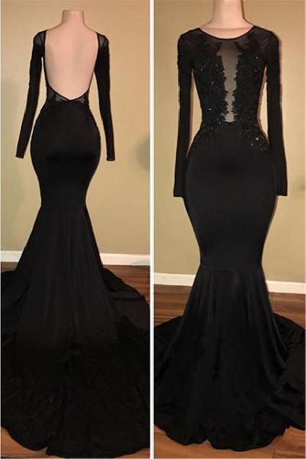 Chic Black Mermaid Prom Party GownsLong Sleeves With Lace Appliques-showprettydress