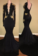 Chic Black prom dress Mermaid Long Sleeves Evening Dress-showprettydress