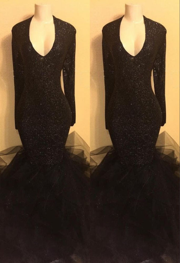 Chic black sequins prom dress, ruffles evening dress-showprettydress