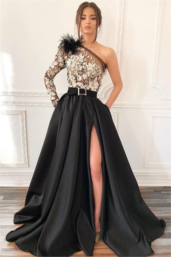 Chic Blcak One-Shoulder Side-Slit Feather Applique Prom Party Gowns-showprettydress