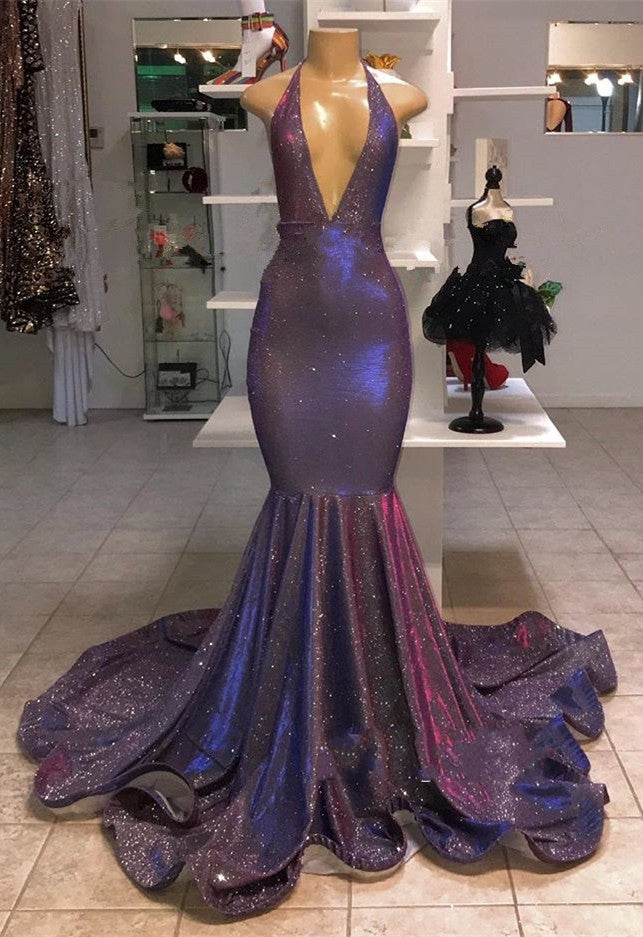 Chic Deep V-Neck Sleeveless Prom Dresses New Arrival Halter Memaiad Sequins Evening Gowns-showprettydress