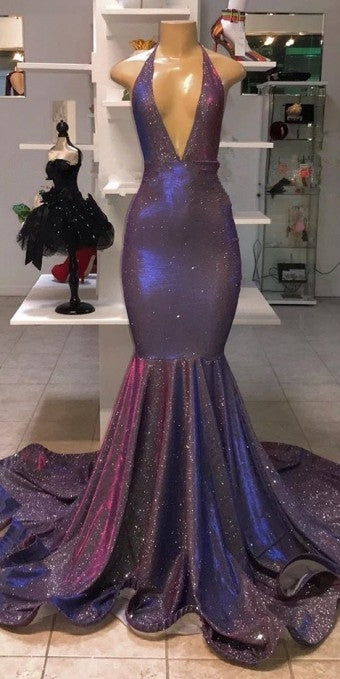 Chic Deep V-Neck Sleeveless Prom Dresses New Arrival Halter Memaiad Sequins Evening Gowns-showprettydress