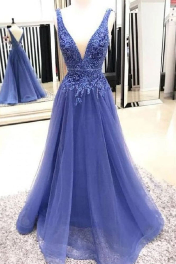 Chic Deep V-neck Straps Long Prom Party Gowns| Exquisite Lace Beading Prom Gown-showprettydress