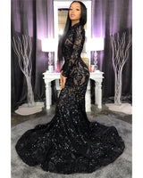 Chic High Neck Sparkle Appliques Prom Dresses Fit and Flare Long Sleeves Evening Gowns-showprettydress