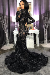 Chic High Neck Sparkle Appliques Prom Dresses Fit and Flare Long Sleeves Evening Gowns-showprettydress