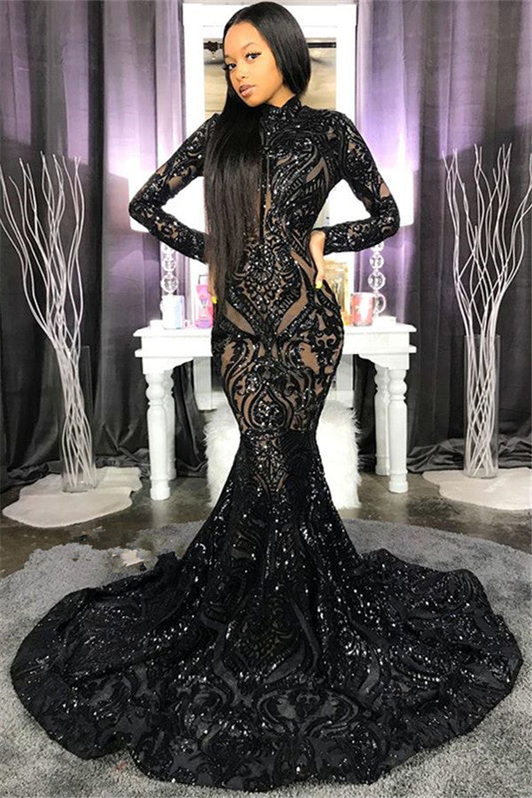 Chic High Neck Sparkle Appliques Prom Dresses Fit and Flare Long Sleeves Evening Gowns-showprettydress