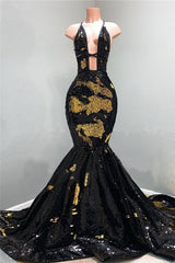 Chic Hollow Neckline Gold and Black Long Train Mermaid Evening Dresses-showprettydress