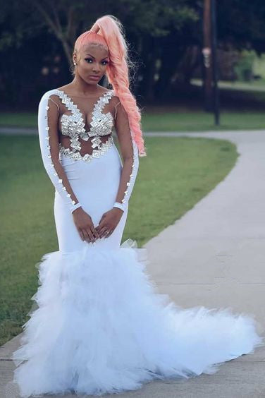 Chic Illusion Long Sleevess Sequins Tulle Train Mermaid White Prom Dresses-showprettydress