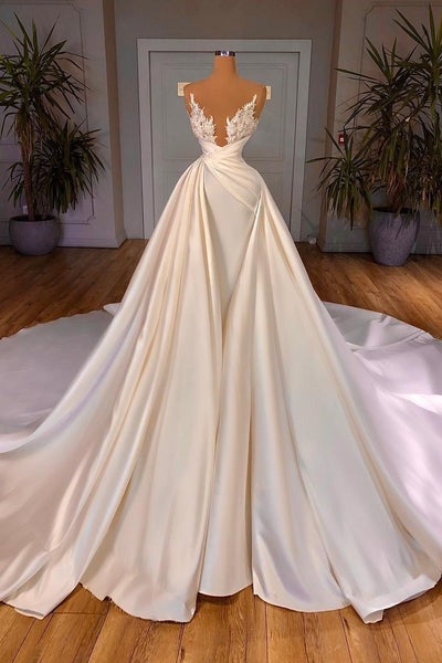 Chic Long A-line Cathedral Sleeveless V-neck Satin Wedding Dresses-showprettydress