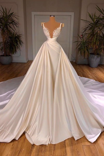 Chic Long A-line Sleeveless Spaghetti Strap Cathedral V-neck Satin Lace Wedding Dress-showprettydress