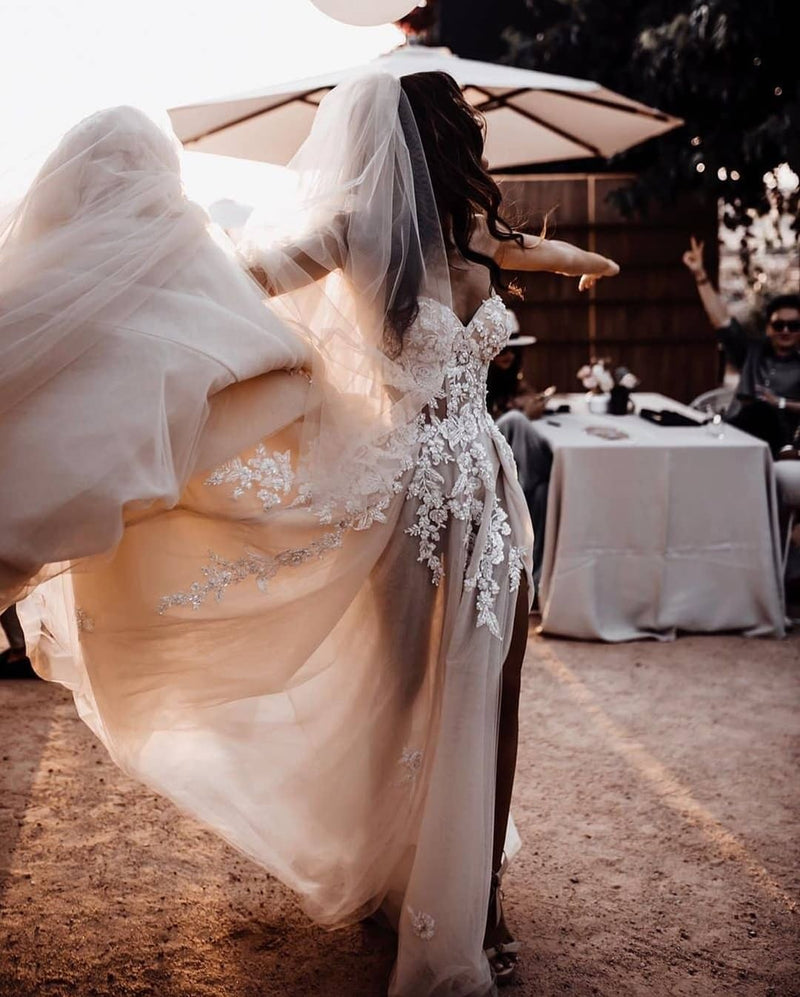 Chic Long A-line Sweetheart Lace Tulle 3D Floral Wedding Dress-showprettydress