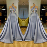 Chic Long Mermaid Halter Beadings Satin Evening Dress With Detachable Skirt-showprettydress