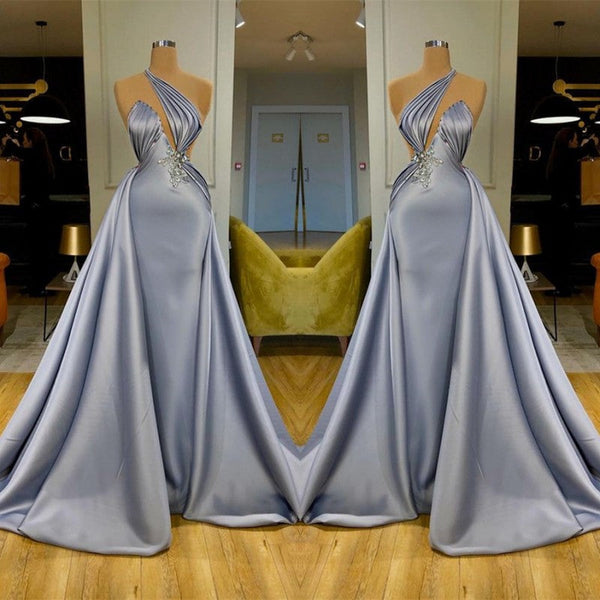 Chic Long Mermaid Halter Beadings Satin Evening Dress With Detachable Skirt-showprettydress