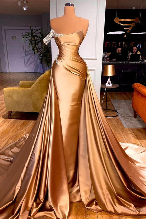 Chic Long Mermaid One Shoulder Beaded Prom Dress With Court Train-showprettydress