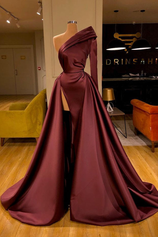 Chic Long Mermaid One Shoulder Satin Front Slit Prom Dresses with Sleeves-showprettydress