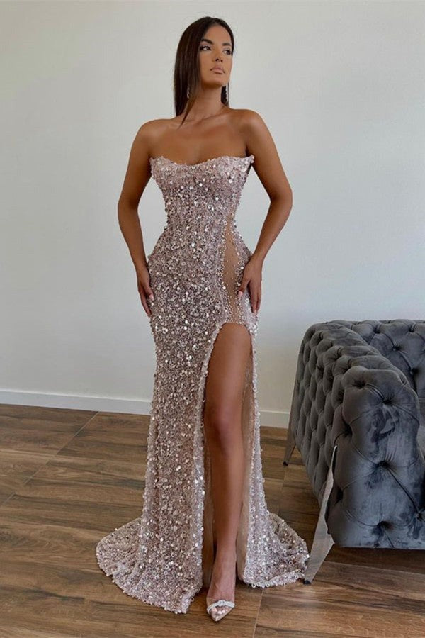 Chic Long Mermaid Sequined Floor Length Strapless Prom Dress with Front Slit-showprettydress