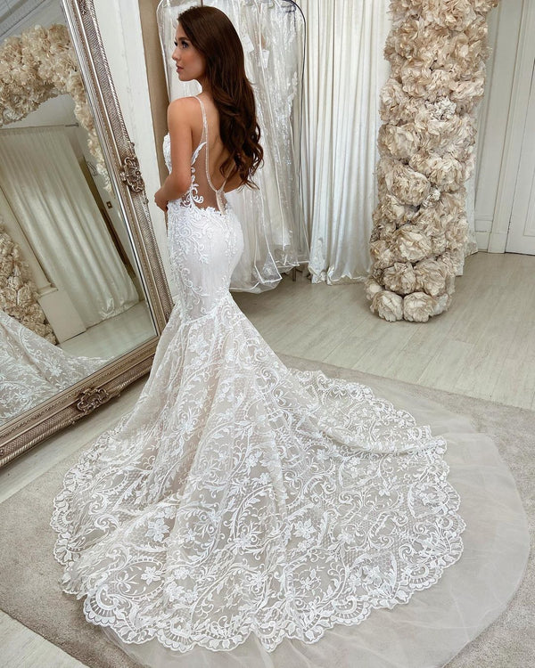 Chic Long Mermaid Sweeteart Spaghetti Straps Lace Backless Wedding Dress-showprettydress