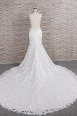 Chic Long Mermaid Sweetheart Spaghetti Strap Appliques Lace Wedding Dress-showprettydress