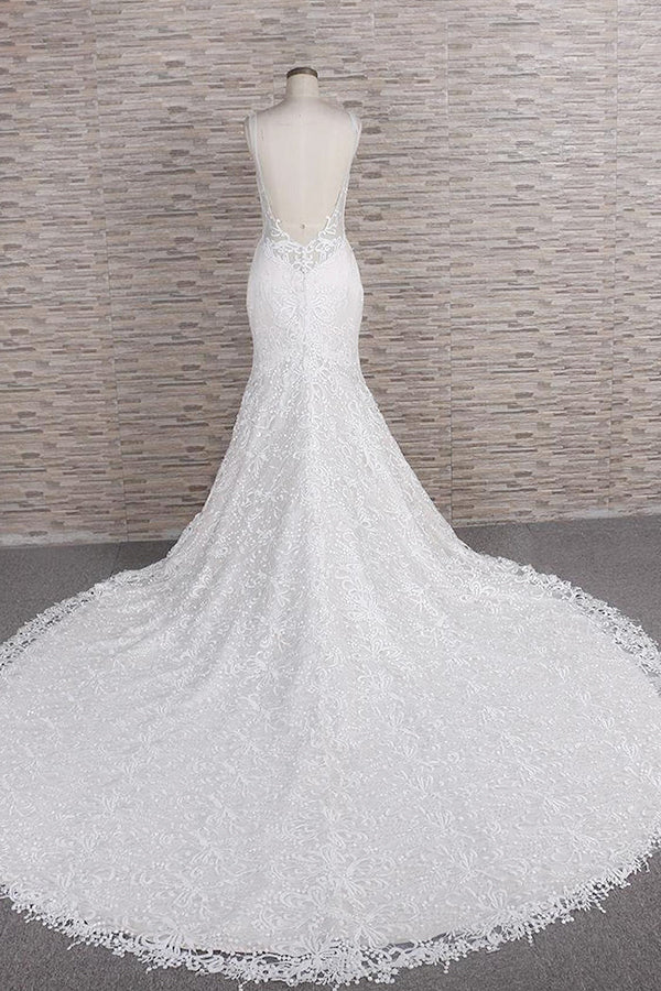 Chic Long Mermaid Sweetheart Spaghetti Strap Appliques Lace Wedding Dress-showprettydress