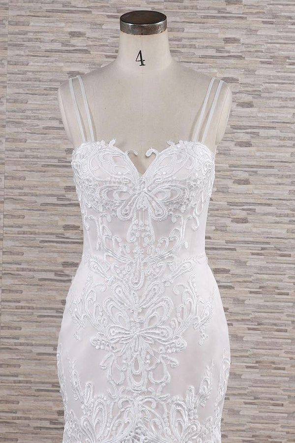 Chic Long Mermaid Sweetheart Spaghetti Strap Appliques Lace Wedding Dress-showprettydress