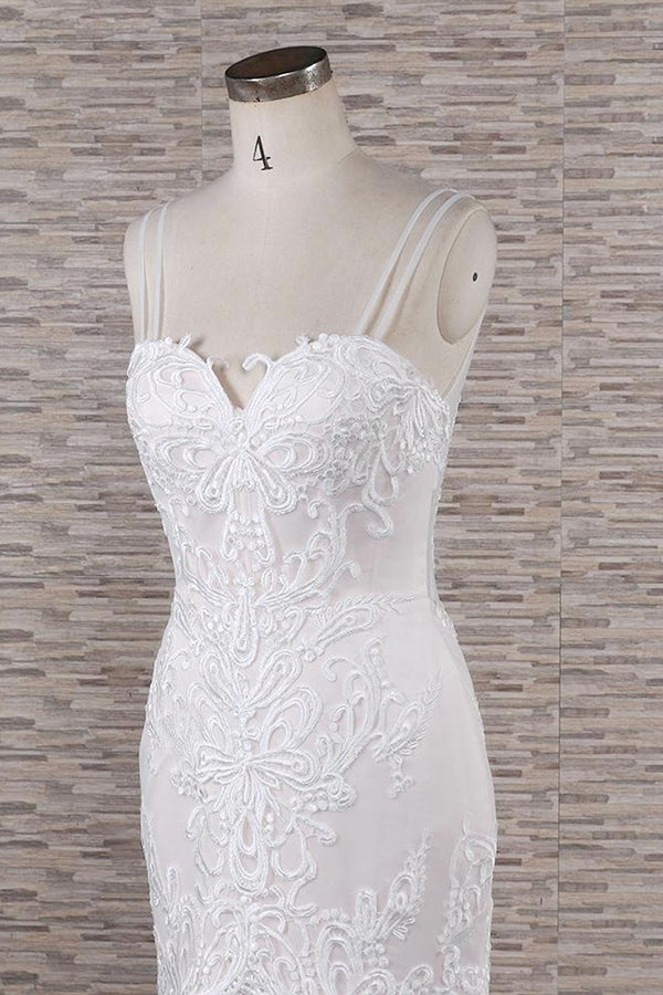 Chic Long Mermaid Sweetheart Spaghetti Strap Appliques Lace Wedding Dress-showprettydress