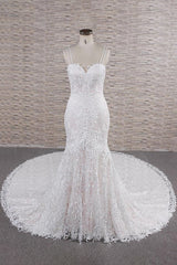 Chic Long Mermaid Sweetheart Spaghetti Strap Appliques Lace Wedding Dress-showprettydress