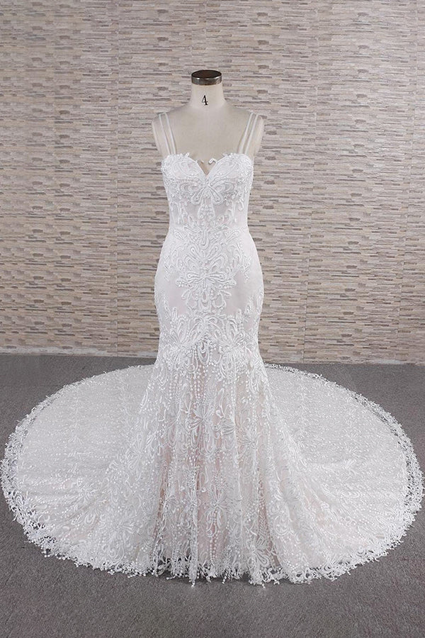 Chic Long Mermaid Sweetheart Spaghetti Strap Appliques Lace Wedding Dress-showprettydress