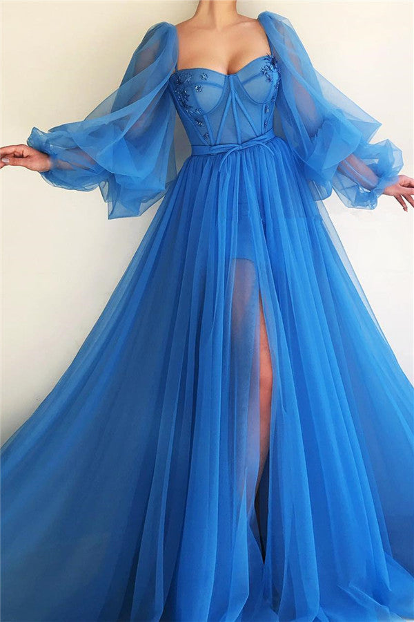 Chic Long Sleevess Sweetheart See Through Bodice Prom Party Gowns| Front Slit Blue Long Prom Party Gowns-showprettydress