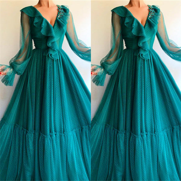 Chic Long Sleevess V-neck Prom Party Gowns| Affordable Beading Green Long Prom Party Gowns-showprettydress