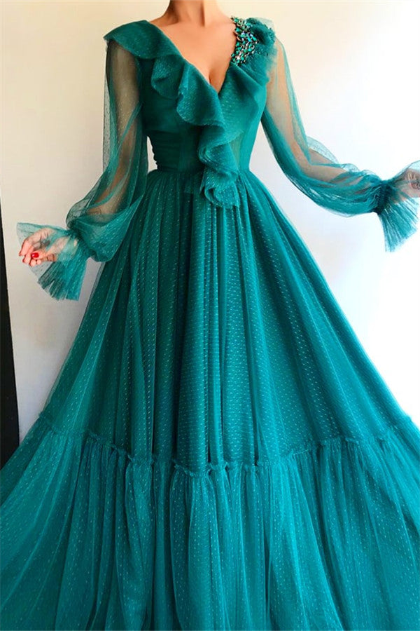 Chic Long Sleevess V-neck Prom Party Gowns| Affordable Beading Green Long Prom Party Gowns-showprettydress