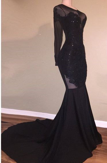 Chic Mermaid Black Long-Sleeves Backless Appliques Prom Party Gowns-showprettydress