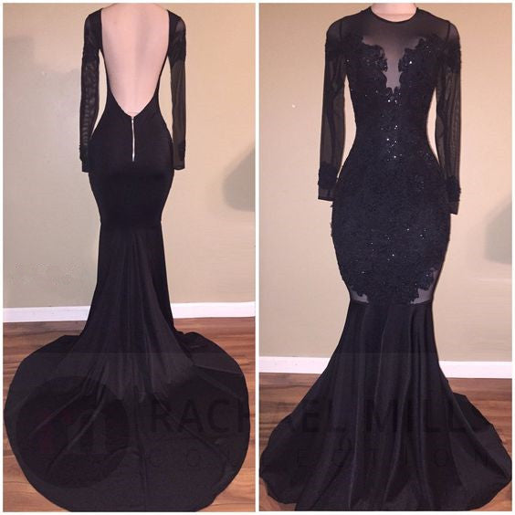 Chic Mermaid Black Long-Sleeves Backless Appliques Prom Party Gowns-showprettydress