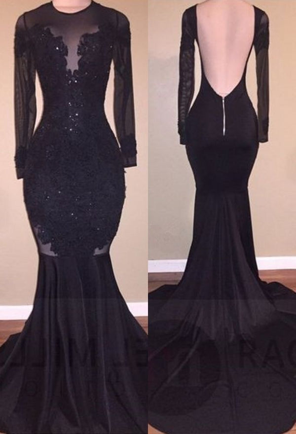 Chic Mermaid Black Long-Sleeves Backless Appliques Prom Party Gowns-showprettydress