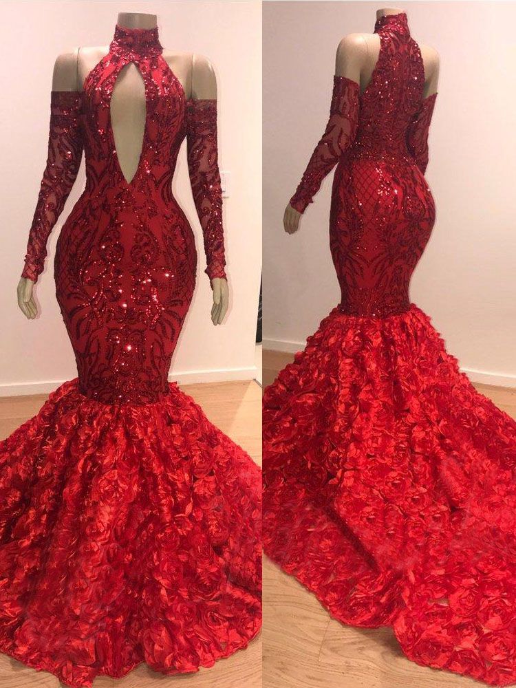 Chic Mermaid Halter Long-Sleeves Long Prom Party Gowns-showprettydress