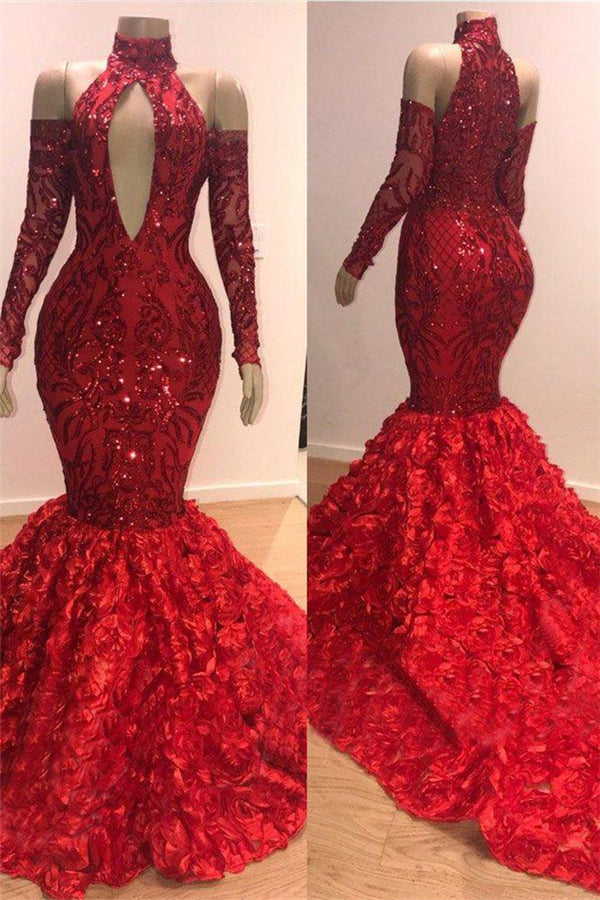 Chic Mermaid Halter Long-Sleeves Long Prom Party Gowns-showprettydress