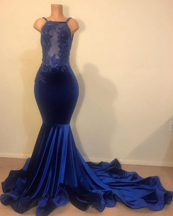 Chic Mermaid Spahgetti-Straps Openback Velvet Applique Prom Party Gowns-showprettydress