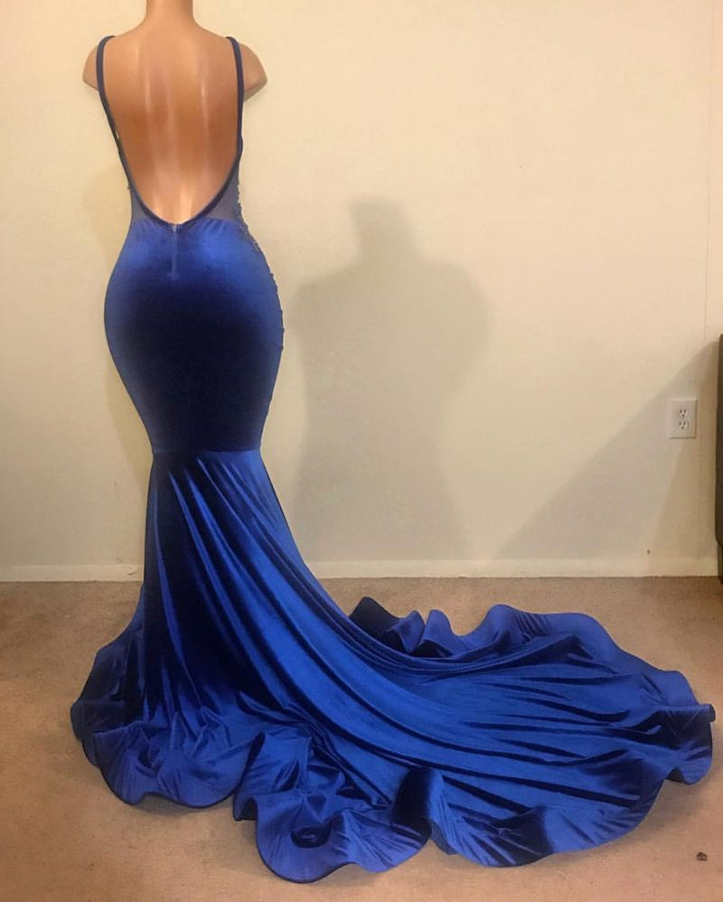 Chic Mermaid Spahgetti-Straps Openback Velvet Applique Prom Party Gowns-showprettydress