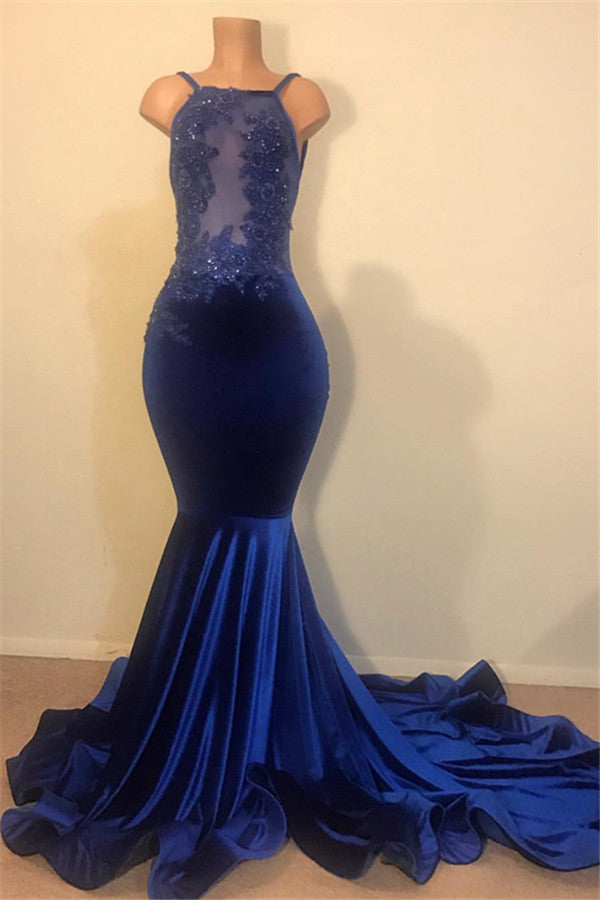 Chic Mermaid Spahgetti-Straps Openback Velvet Applique Prom Party Gowns-showprettydress