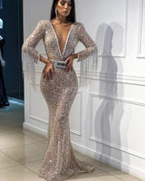 Chic Mermaid Tulle Sequins Deep V-Neck 3/4 Sleeves Floor-Length Prom Party Gowns with Tassels-showprettydress