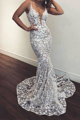 Chic Mermaid White Lace V-neck Sleeveless Prom Dresses Party Gowns-showprettydress