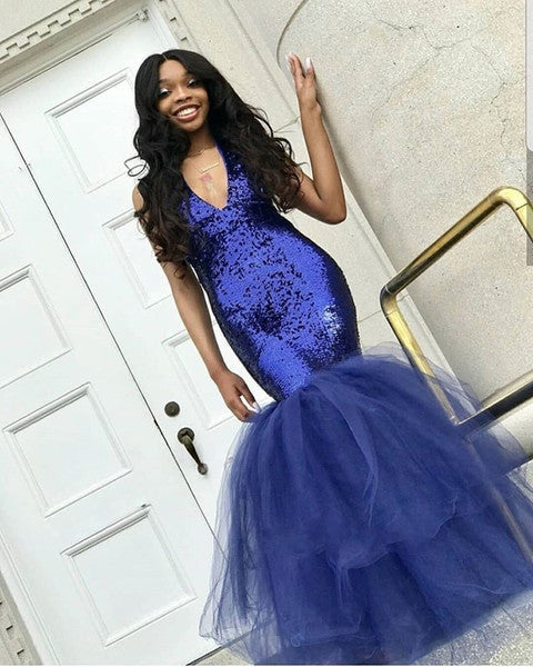 Chic Navy Blue Mermaid Sequins Prom Dresses Tulle Sleeveless V-Neck Evening Dresses-showprettydress