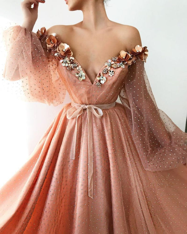 Chic Off-the-Shoulder V-neck Long Tulle Beading Long Sleevess Prom Party Gowns-showprettydress