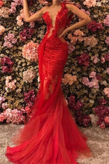 Chic One Shoulder Appliques Tulle Beading Mermaid Floor-Length Prom Dresses-showprettydress