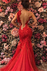 Chic One Shoulder Appliques Tulle Beading Mermaid Floor-Length Prom Dresses-showprettydress