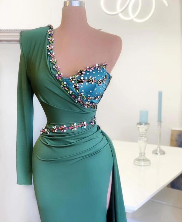 Chic One Shoulder Mermaid Evening Gown Green Party Dress-showprettydress