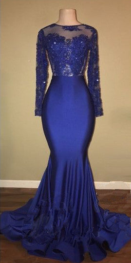 Chic Open Back Royal Blue Real Model Prom Dresses Lace Long Sleeves Mermaid Evening Gown-showprettydress