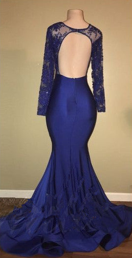 Chic Open Back Royal Blue Real Model Prom Dresses Lace Long Sleeves Mermaid Evening Gown-showprettydress